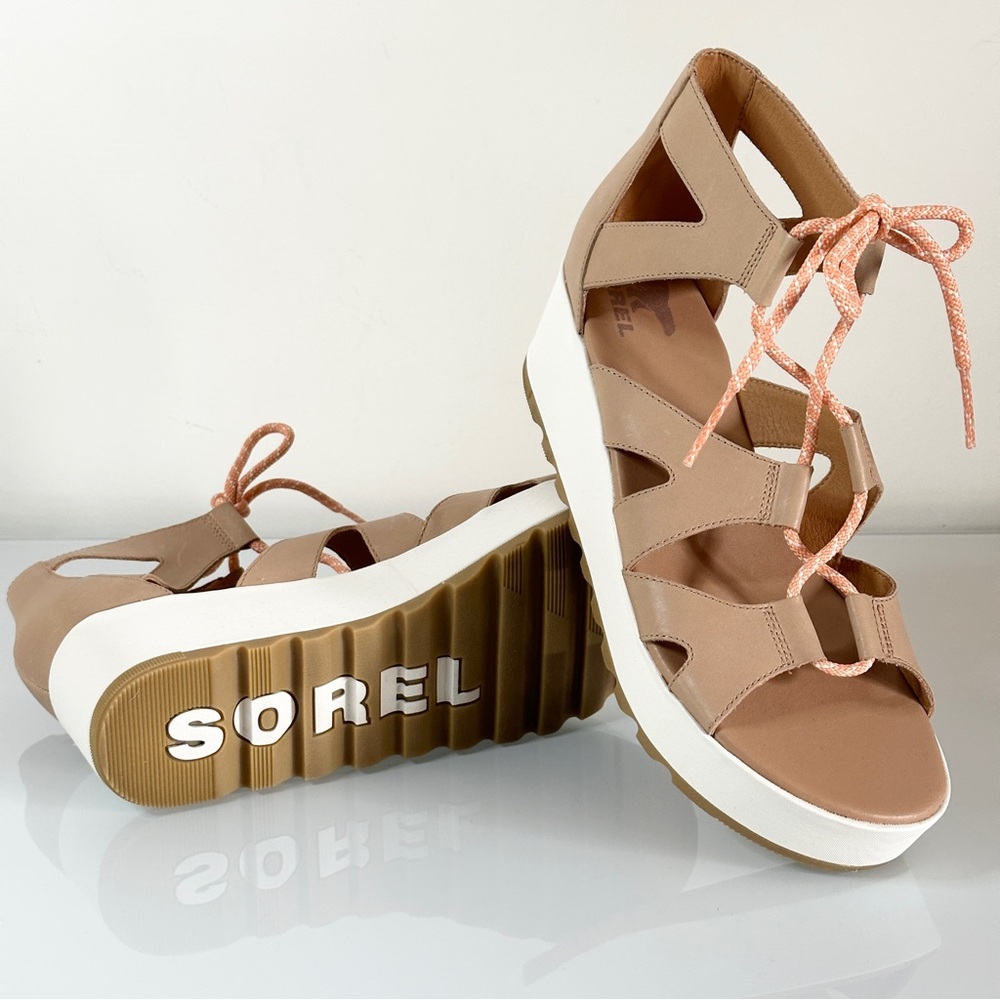 NEW Sorel Cameron Lace Up Wedge Sneaker Sandal Beige 11 Gladiator